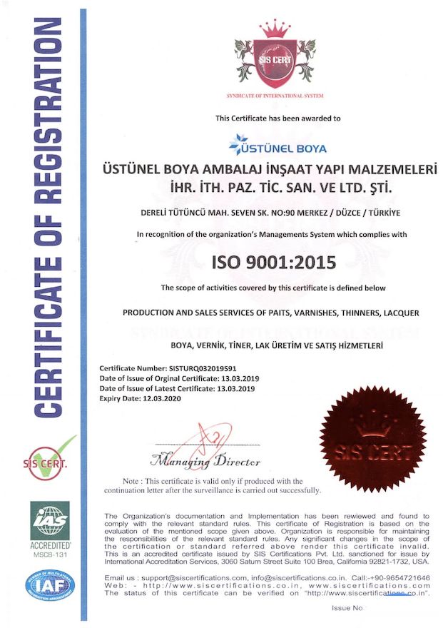 Üstünel Boya ISO 9001 Belgesi
